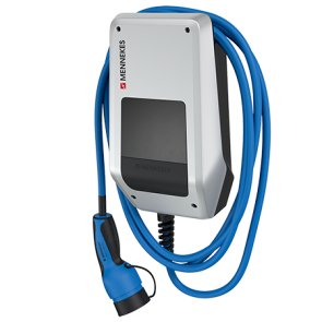Eine graue Wallbox mit blauem Ladekabel