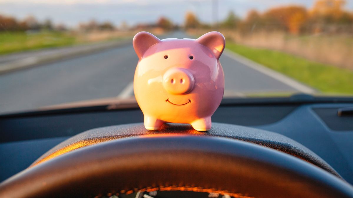 Ein rosa Sparschwein steht auf einem Auto Lenkrad. Im Hintergrund ist eine Straße zu erkennen.