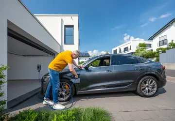 Ein Mann mit einem gelben Poloshirt hält ein blaues E-Ladekabel und lädt ein E-Auto.
