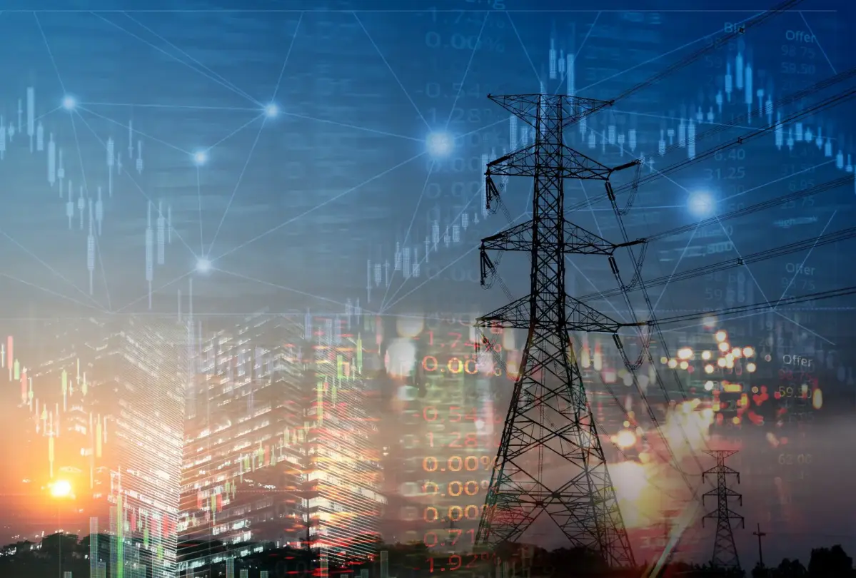 Ein Strommast im Vordergrund mit auslaufenden Stromleitungen, umgeben von einer urbanen Landschaf. Im Hintergrund sind grafische Elemente wie Diagramme, Zahlen und Datenpunkte eingeblendet, die auf Finanz- oder Börseninformationen hinweisen.