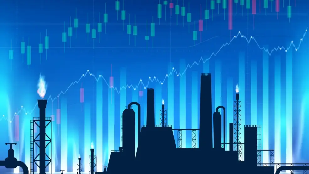 Silhouette einer Industrieanlage mit mehreren Schornsteinen, aus denen Flammen austreten. Im Hintergrund sind grafische Darstellungen von Finanzdaten zu sehen, darunter Kerzencharts und Liniengrafiken, die Börsen- oder Wirtschaftstrends darstellen. Die Farbgebung ist überwiegend blau mit grünen und roten Akzenten in den Diagrammen.