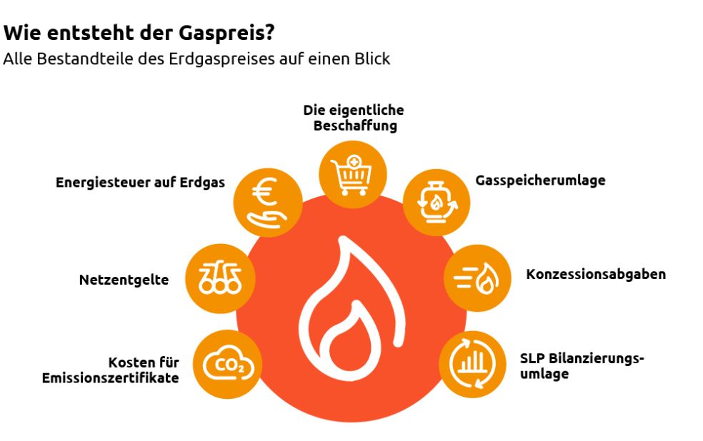 Grafische Darstellung mit Icons der Faktoren die den Gaspreis bestimmen.