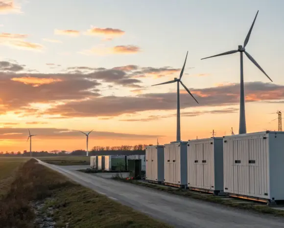 Windkraft anlage im Feld mit Batteriespeicher im Vordergrund