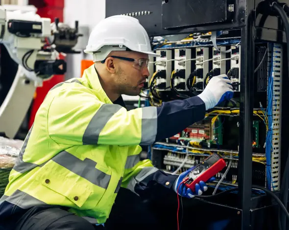 Ein Elektriker arbeitet an einem Schaltschrank, misst elektrische Verbindungen mit einem Messgerät. Zahlreiche Kabel und Schalter in einem technischen, industriellen Umfeld.