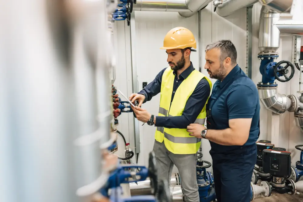 Zwei Männer stehen in einem Heizwerk und führen einen Systemcheck durch. Einer der Männer trägt eine gelbe Schutzweste und einen Schutzhelm. Der andere Mann trägt ein Poloshirt.