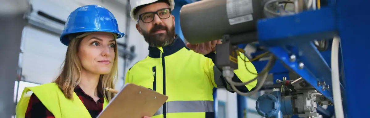 Eine Frau und ein Mann mit gelber Schutzkleidung und Schutzhelmen stehen in einer Fabrik und führen eine Überprüfung durch. Die Frau hält ein Cliipboard in der Hand.