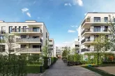 Cityscape of a residential area with modern apartment buildings, new green urban landscape in the city Ein Quartier mit mehreren mehrstöckigen Wohnungen in eine urbanen Umgebung.