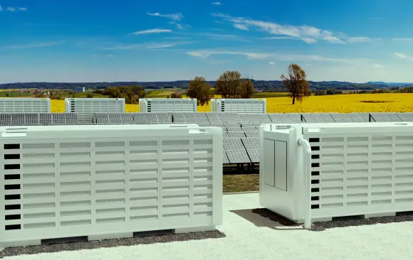Solaranlage im Rapsfeld mit Batteriespeicher