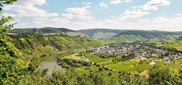 Himmelblick auf eine grüne Landschaft mit Weinbergen und einem Fluss.