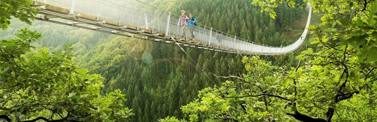 Brücke mit Sonnenschein Energieversorgung-Mittelrhein Hängeseilbrücke – Mitten im Hunsrück