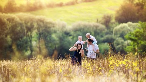 Eine Familie spaziert durch eine blühende Wiese, während ein Kind auf den Schultern des Vaters sitzt. Im Hintergrund sind Bäume und ein Hügel in Sonnenlicht zu sehen.