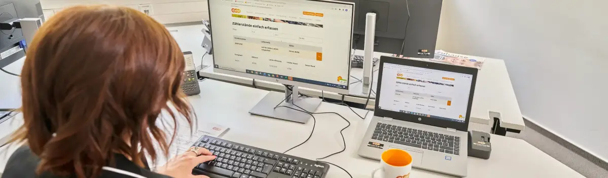 Eine Person tippt auf einer Tastatur vor einem Computerbildschirm, der eine Website mit der Überschrift „Zählerstände einfach erfassen“ zeigt; daneben ein Laptop mit der gleichen Website.