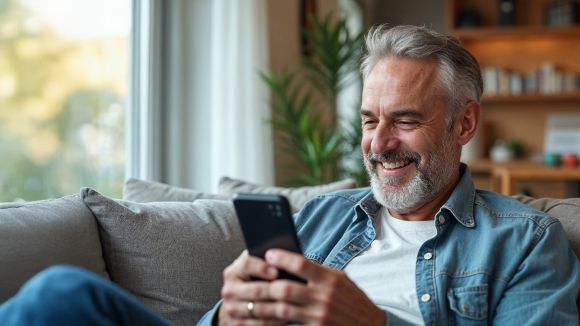 Ein Mann sitzt entspannt auf einem Sofa in einem gemütlichen Wohnzimmer und schaut auf ein Smartphone, während im Hintergrund Regale und Pflanzen zu sehen sind.