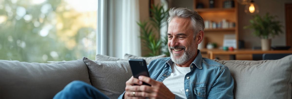 Ein Mann sitzt entspannt auf einem Sofa in einem gemütlichen Wohnzimmer und schaut auf ein Smartphone, während im Hintergrund Regale und Pflanzen zu sehen sind.