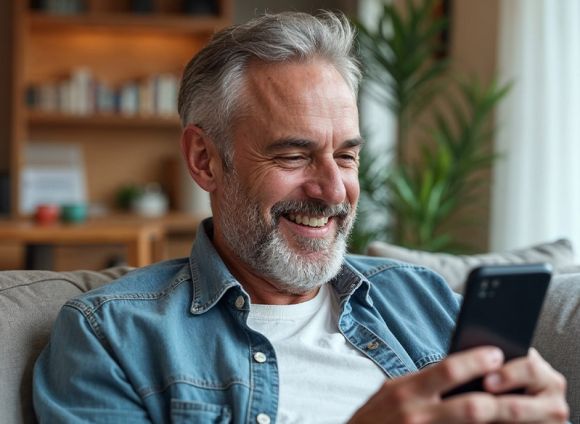 Ein Mann sitzt entspannt auf einem Sofa in einem gemütlichen Wohnzimmer und schaut auf ein Smartphone, während im Hintergrund Regale und Pflanzen zu sehen sind.