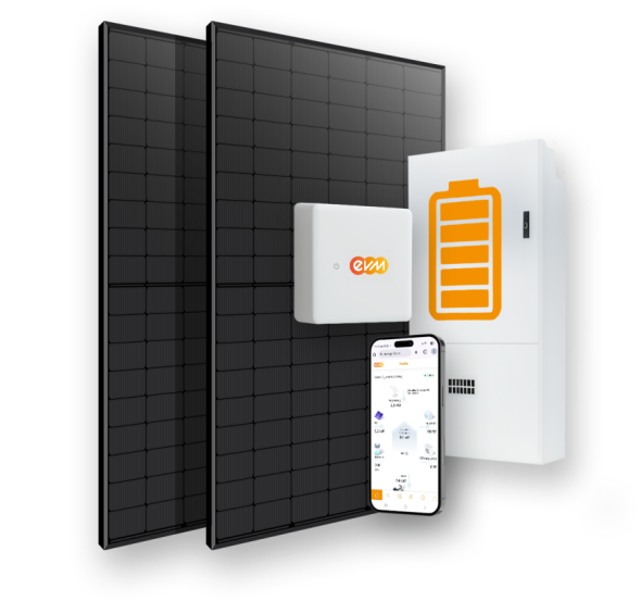 Mehrere Komponenten eines Energiesystems sind dargestellt: zwei schwarze Solarmodule, eine weiße evm⁺ Box, ein weißer Batteriespeicher mit Batteriesymbol sowie ein Smartphone, das die zugehörige App zur Energieübersicht zeigt.