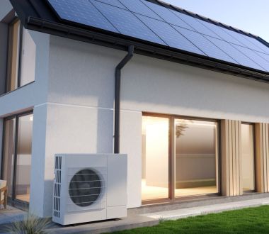 Modelhaus mit sichtbarer PV-Anlage und Wärmepumpe