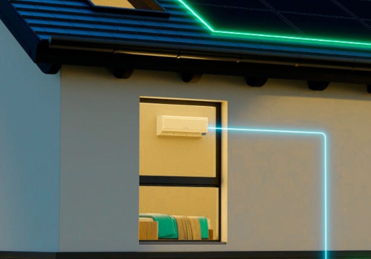 Haus bei Nacht mit eingezeichneten leuchtenden Energieflüssen