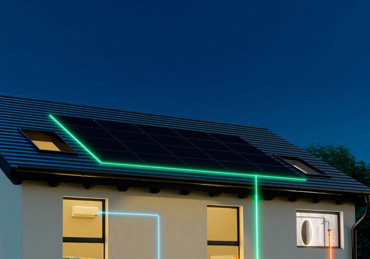Energiehaus evm Haus bei Nacht mit eingezeichneten leuchtenden Energieflüssen