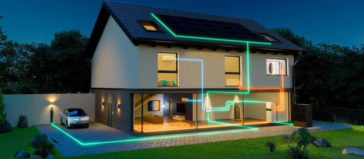 Energiehaus evm Nacht Haus bei Nacht mit eingezeichneten Stromflüssen und Energieverbrauchern