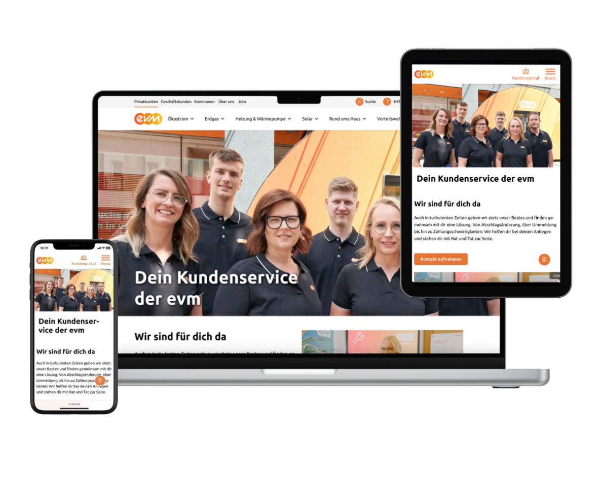Ein Laptop, ein Tablet und ein Smartphone zeigen die Hilfe und Service Seite der evm.