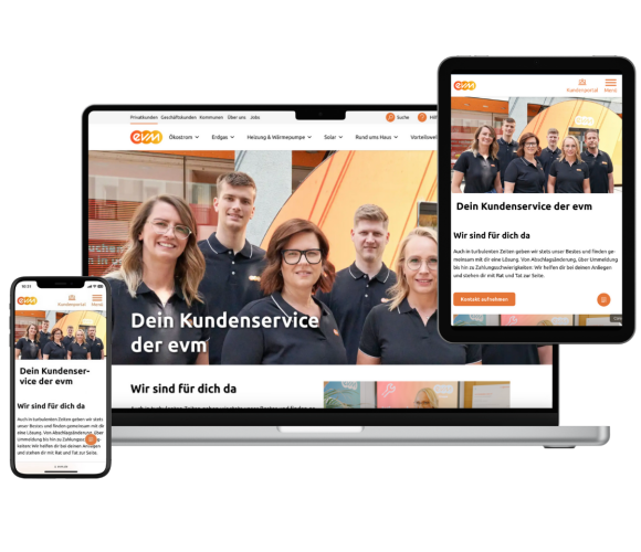 Ein Laptop, ein Tablet und ein Smartphone zeigen die Hilfe und Service Seite der evm.