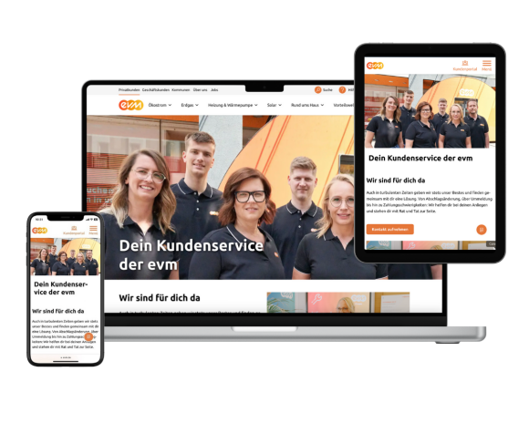 Hilfe-Service-Mockup Ein Laptop, ein Tablet und ein Smartphone zeigen die Hilfe und Service Seite der evm.