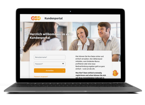 Ein Laptop, zeigt die Hilfe und Service Seite der evm.