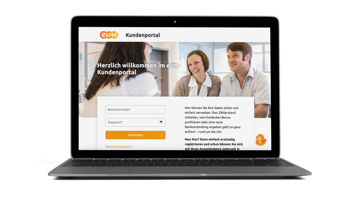 Ein Laptop, zeigt die Hilfe und Service Seite der evm.