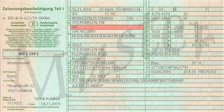 Eine Musterabbildung eines Fahrzeugscheins