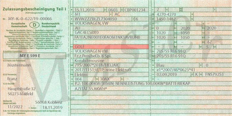 Eine Musterabbildung eines Fahrzeugscheins