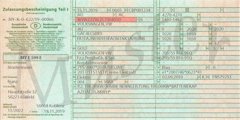 Eine Musterabbildung eines Fahrzeugscheins