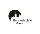 Eine stilisierte Burg mit Turm und Fahne steht vor einer schwarzen Kreissilhouette, darunter der Text "Burgfestspiele Mayen".