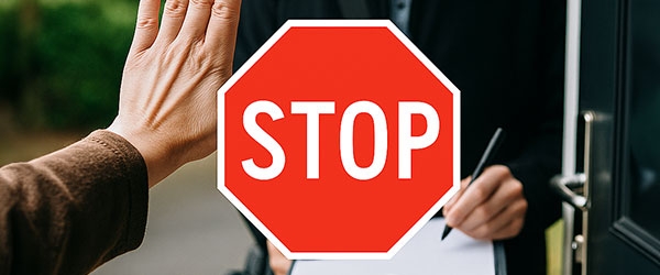 Hand stoppt einen Besucher an der T&uuml;r, davor ein gro&szlig;es Stoppschild