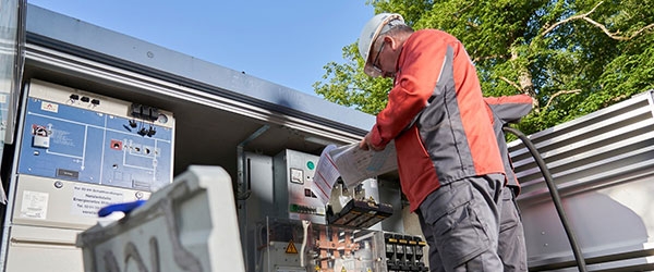 Ein evm Mitarbeiter bei der Netzwartung an einem Stromkasten