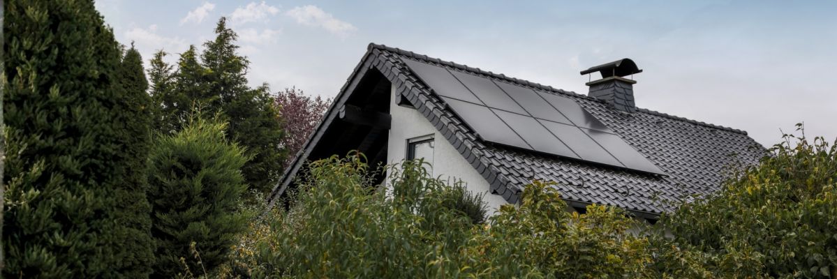 Haus im Grünen mit Solaranlage auf dem Schieferdach
