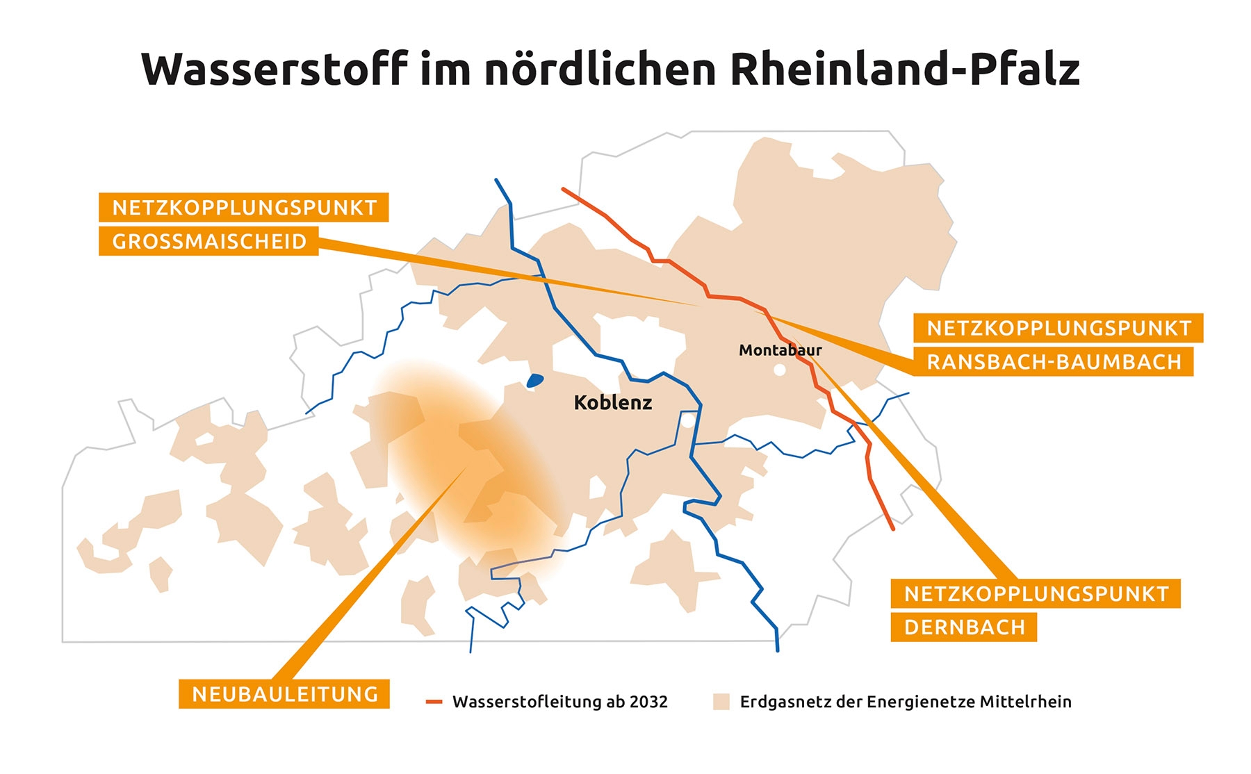 Karte die die Wasserstoffleitung im nördlichen Rheinland-Pfalz darstellt