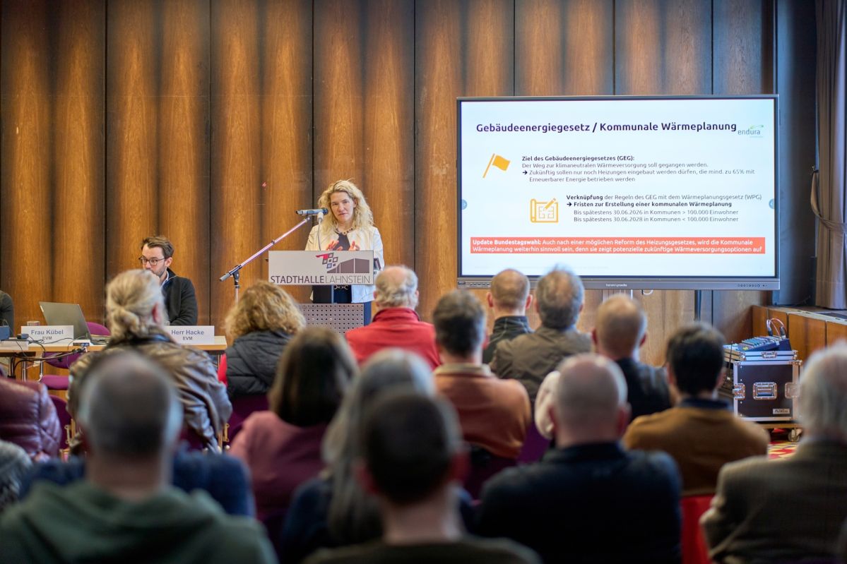 Eine blonde Frau steht vor einem Podium und redet zu einem Publikum. Auf dem Podium steht "Stadthalle Lahnstein". Daneben ist ein großer Bildschirm der Informationen zum Gebäudeeneregiegesetz / Kommunale Wärmeplanung zeigt.