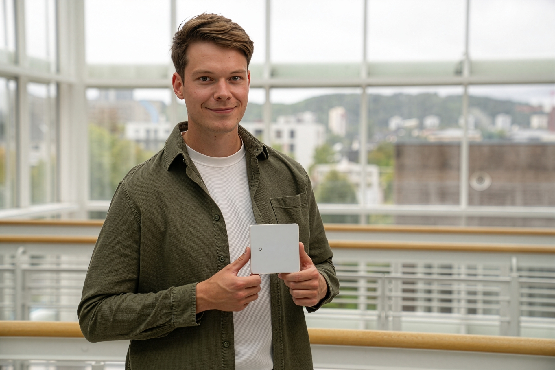 Projektleiter Nicolai Kretz steht in einem lichtdurchfluteten Gebäude und hält den evm+ Energiepilot in den Händen. Mit dem intelligenten Energiemanagement-System ist die evm für den Stadtwerke‑Award 2026 nominiert.