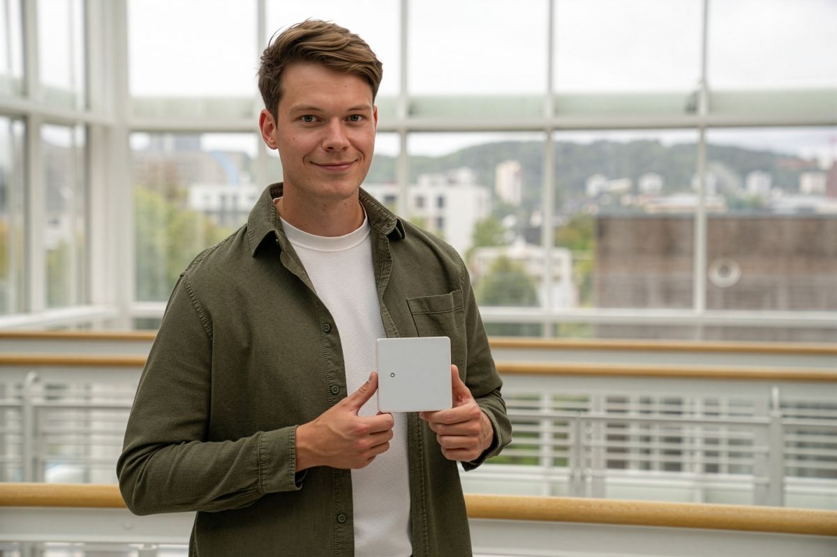 Projektleiter Nicolai Kretz steht in einem lichtdurchfluteten Gebäude und hält den evm+ Energiepilot in den Händen. Mit dem intelligenten Energiemanagement-System ist die evm für den Stadtwerke‑Award 2026 nominiert.