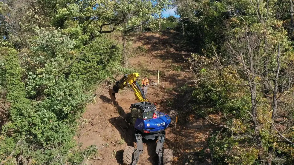 Mit einem Schreitbagger waren die Fachkräfte in den Weinbergen unterwegs, um eine Gasleitung freizulegen. Bagger im Weinberg zur Sanierung der Gasleitung