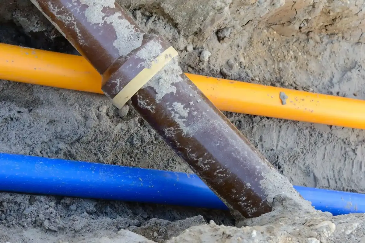 Verlegung von Gas-, Wasser- und Abwasserrohren Ein braunes Abflussrohr, diagonal verlaufend, ist von Sand und Erde umgeben. Parallel verlaufen darunter ein gelbes und ein blaues Rohr in einer ausgegrabenen Erdschicht.