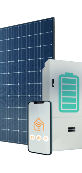 Ein Solarpanel mit einem Speicher und einem Smartphone auf einem weißen Hintergrund.
