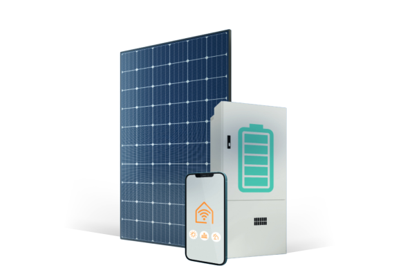 Ein Solarpanel mit einem Speicher und einem Smartphone auf einem weißen Hintergrund.
