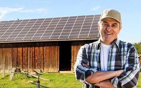Solaranlage auf Scheune Eine Holzscheune mit Solarpaneelen auf dem Dach. Ein Mann mit gekreuzten Armen und Baseballkappe steht vor der Scheune, die von hellem Tageslicht umgeben ist.