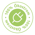 Ein grünes Siegel mit einem Steckersymbol in der Mitte und dem Text „100% Ökostrom“ im Kreis um das Symbol.