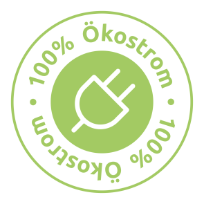 Ein grünes Siegel mit einem Steckersymbol in der Mitte und dem Text „100% Ökostrom“ im Kreis um das Symbol.