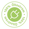 Ein grünes Siegel mit einem Steckersymbol in der Mitte und dem Text „100% Ökostrom“ im Kreis um das Symbol.