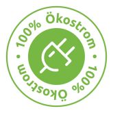 191119_evm_ökostrom_störer Ein grünes Siegel mit einem Steckersymbol in der Mitte und dem Text „100% Ökostrom“ im Kreis um das Symbol.