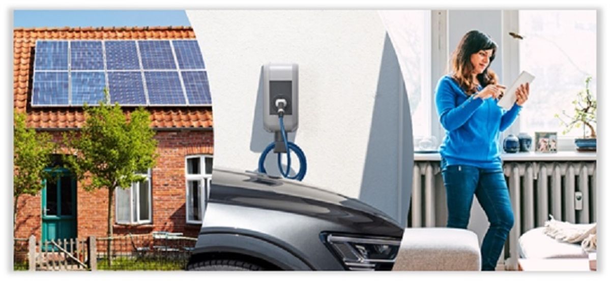 Ein Elektroauto wird an einer Außenwand geladen, während eine Frau im angrenzenden Raum mit einem Smartphone steht. Im Hintergrund ein Haus mit Solarpanelen auf dem Dach.